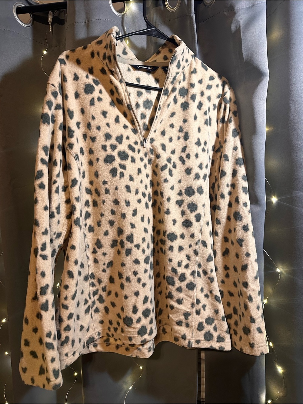 Lands' End Beige Quarter-Zip Fleece Pullover with Black Leopard Spots